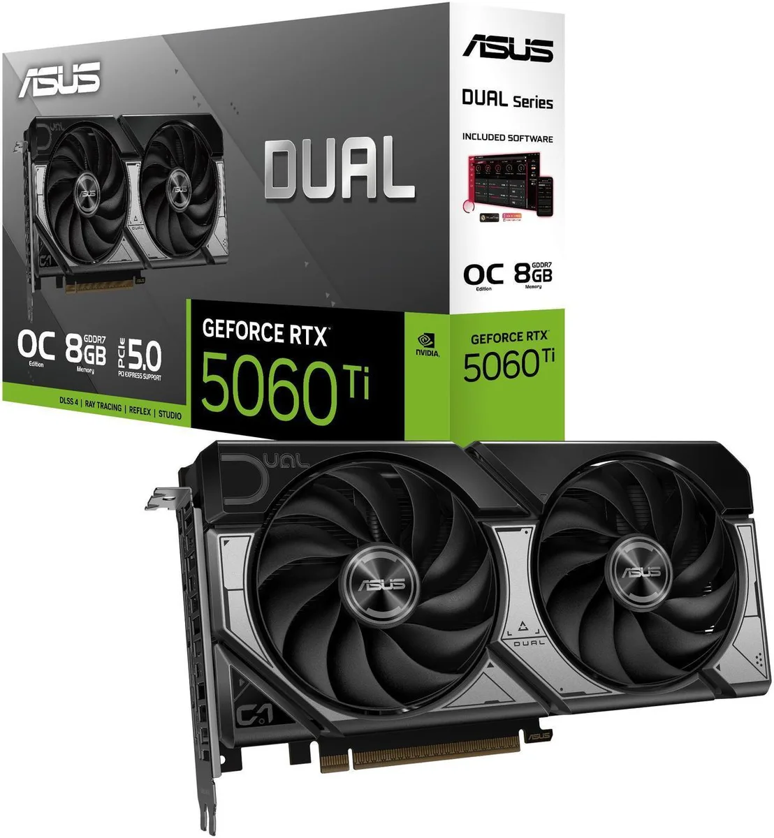 ASUS Dual GeForce RTX 5060 Ti graphics card with two axial fans, silver shroud, and metal backplate