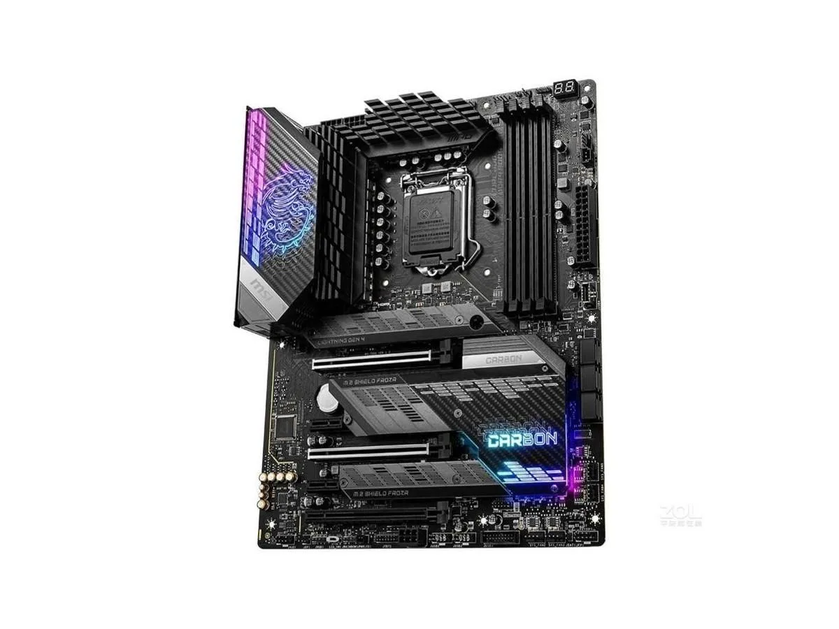 Black ATX motherboard with carbon fibre pattern and silver heatsinks