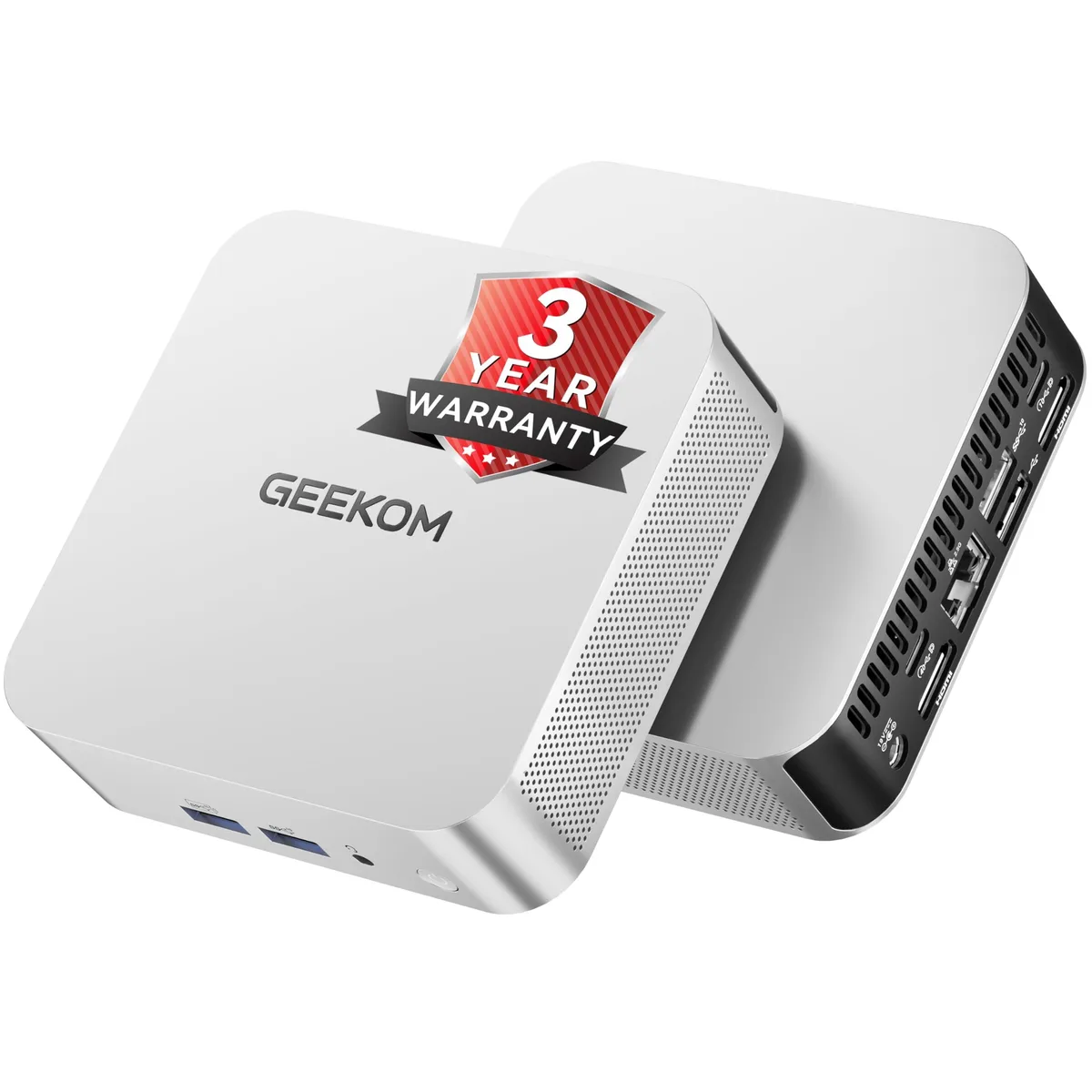 Small silver cube mini PC with compact square footprint