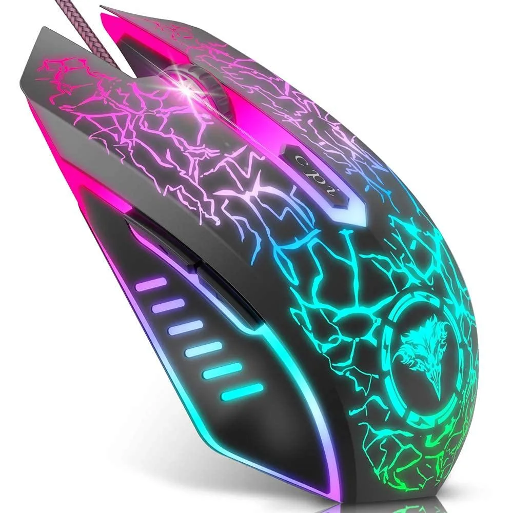 Black ambidextrous gaming mouse with six buttons and RGB lighting