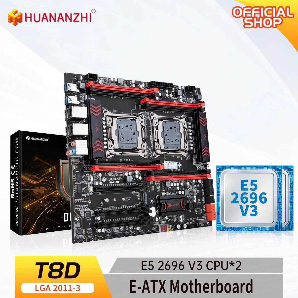 HUANANZHI HUANANZHI T8D X99 Intel motherboard with dual Xeon E5 2696 V3 — product photo