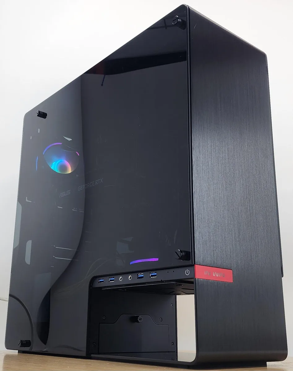 Silver INWIN 904 mid-tower showing Asetek 120mm AIO and RTX 3050 graphics card