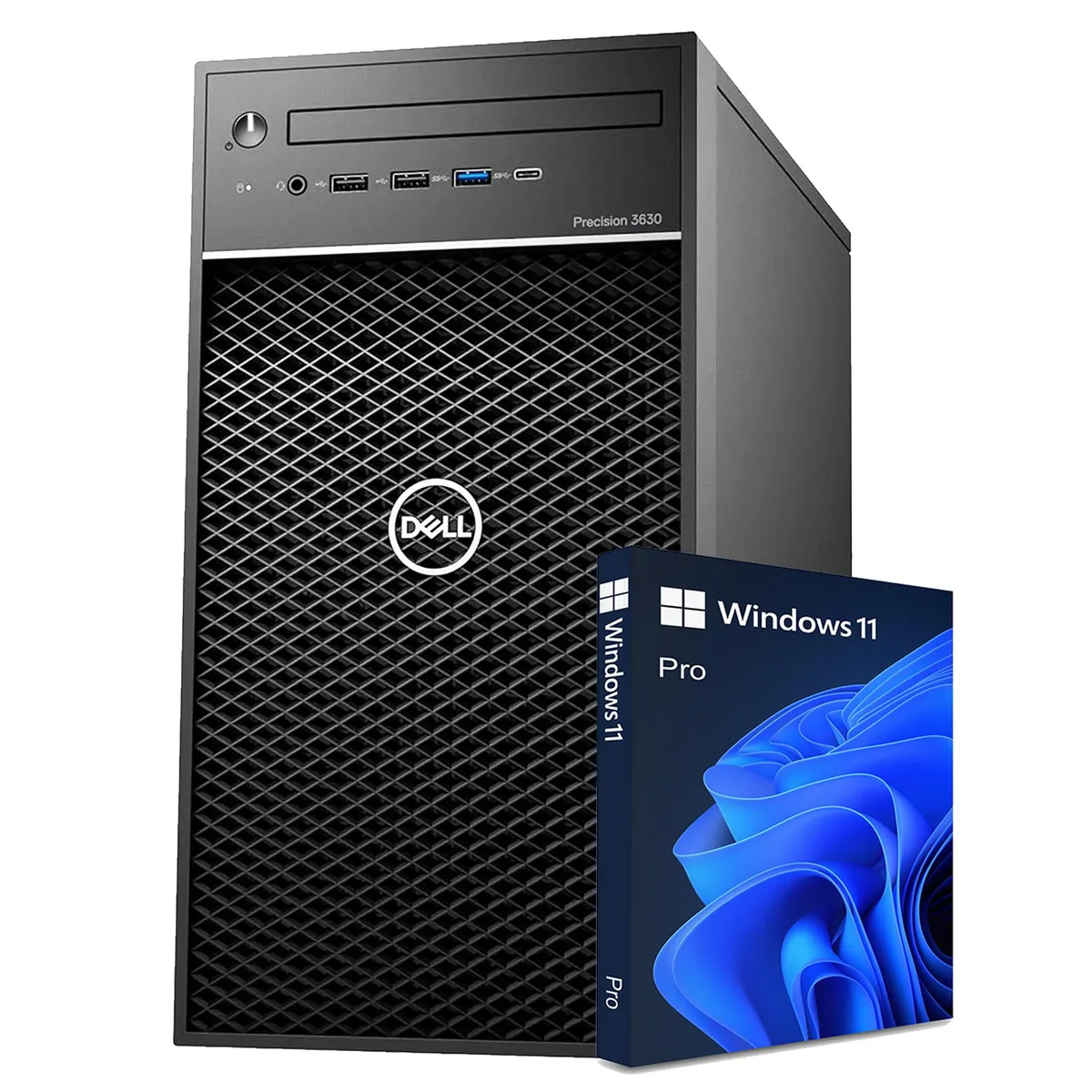 Black Dell Precision 3630 tower desktop with USB keyboard and mouse