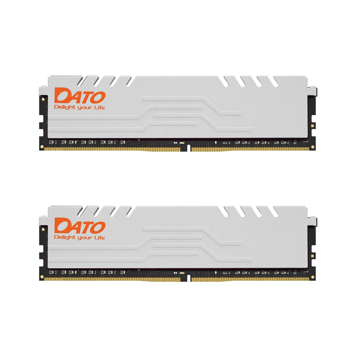 Two white DDR4 memory sticks with low-profile heatsinks, 5.51 inches long