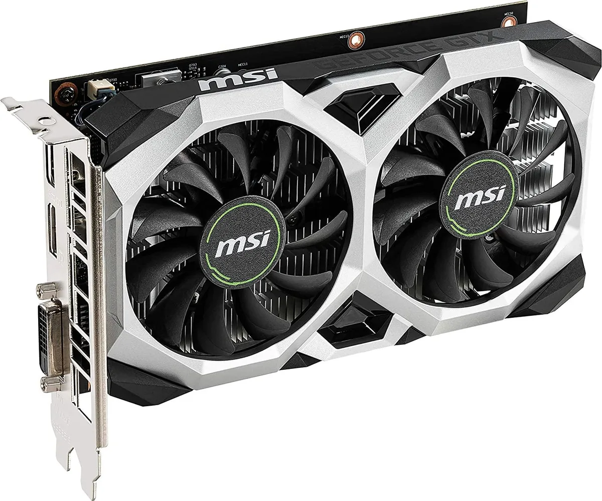 Dual-fan MSI GTX 1650 graphics card in black and silver