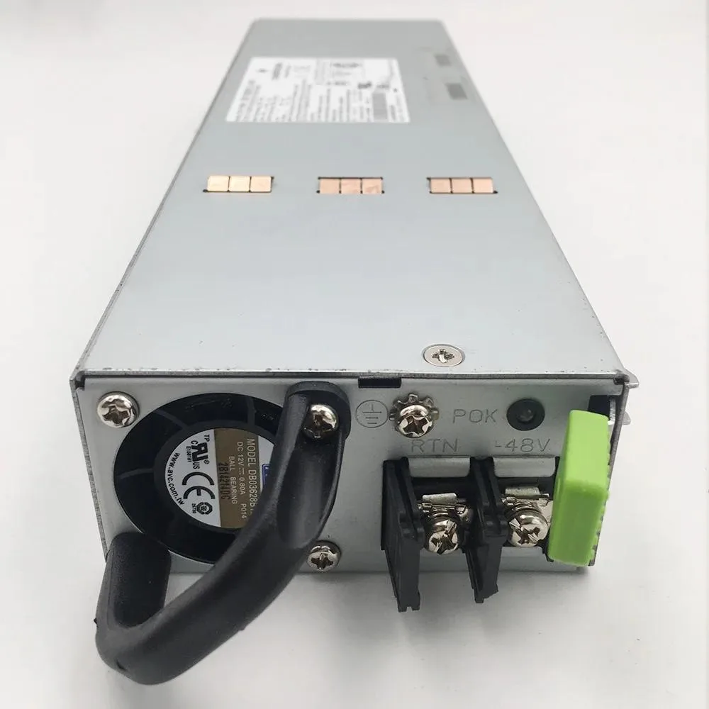 Rectangular black ATX power supply unit with fan grille and cable bundle