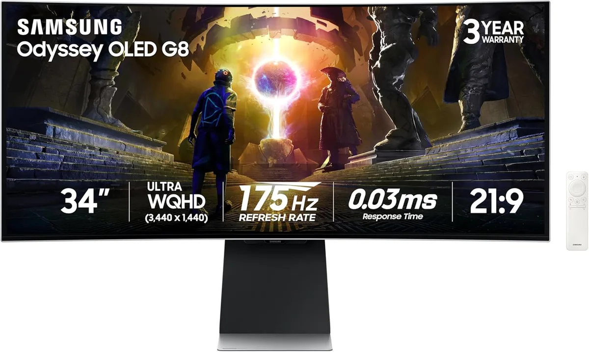 Black 34 inch curved ultrawide OLED gaming monitor on height adjustable stand