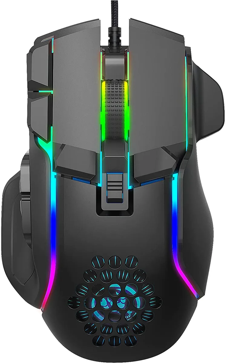 Black wired gaming mouse with 10 buttons and RGB lighting