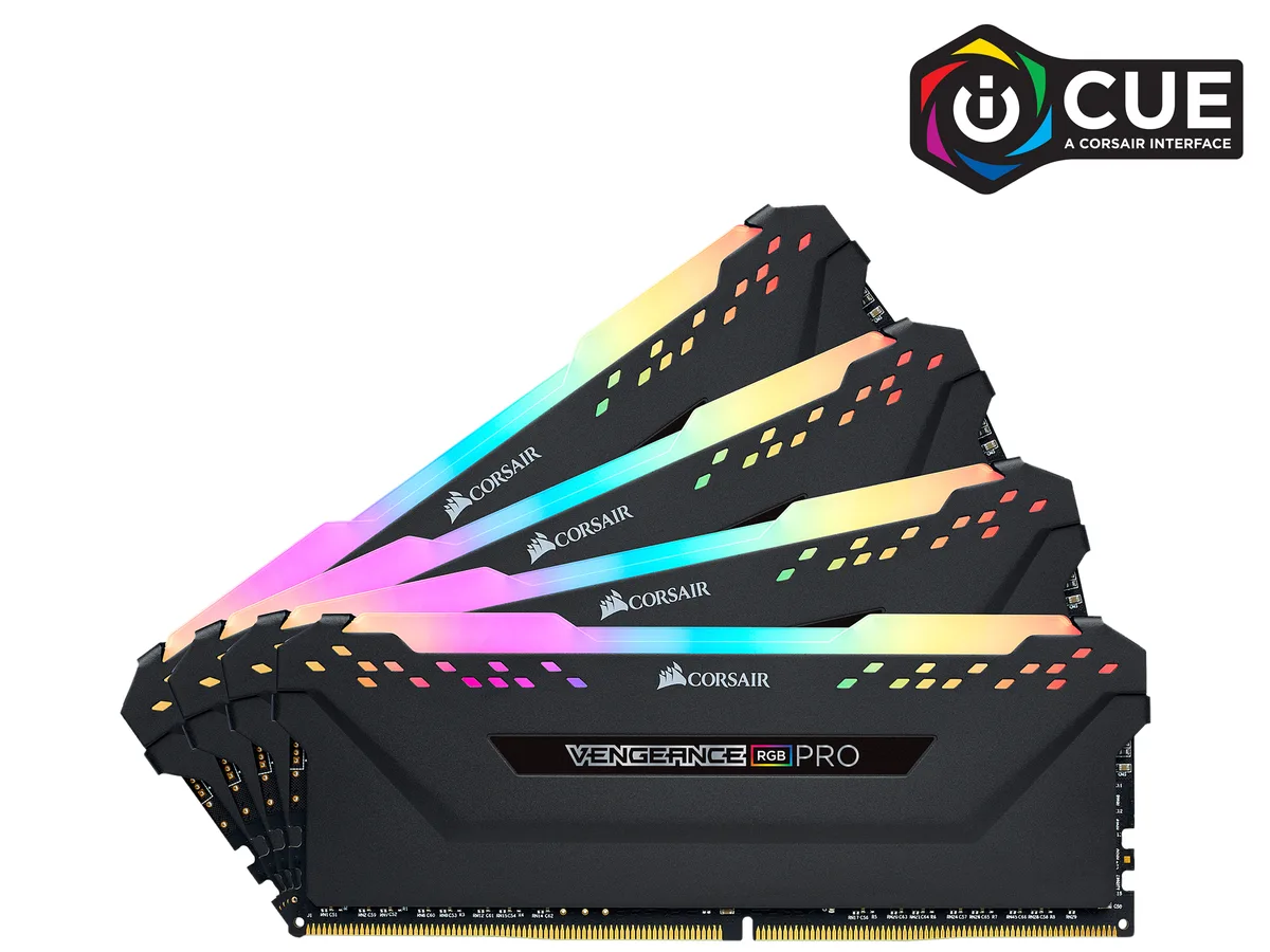 Four black anodized aluminum DDR4 modules with RGB light bars