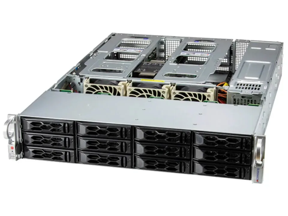 Silver 2U rack server with front drive bays and LED indicators