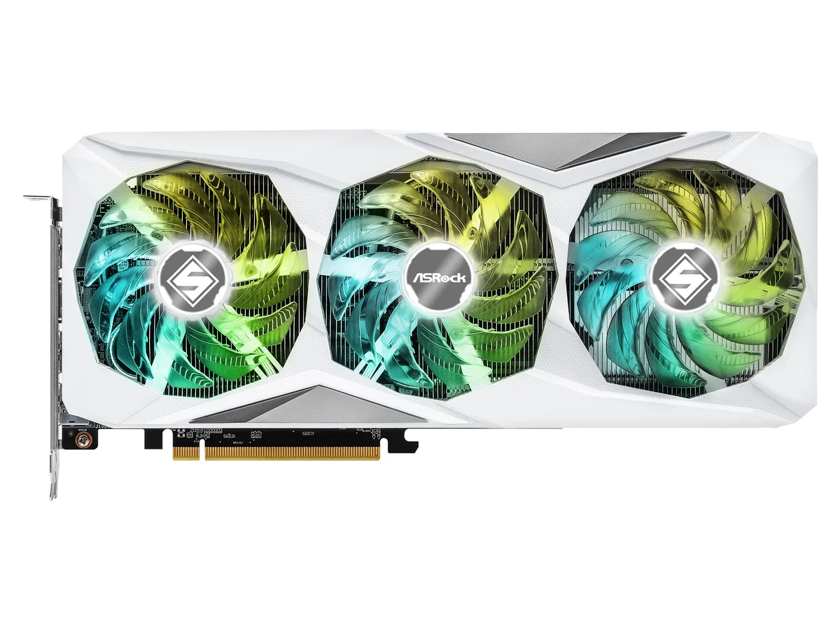 ASRock Steel Legend Radeon RX 7600 XT graphics card with triple fans and metal backplate