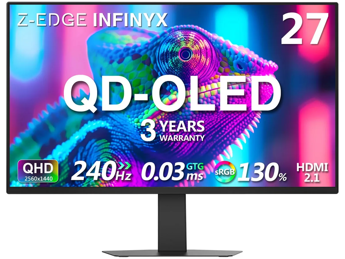 27 inch flat QD OLED gaming monitor on height adjustable stand