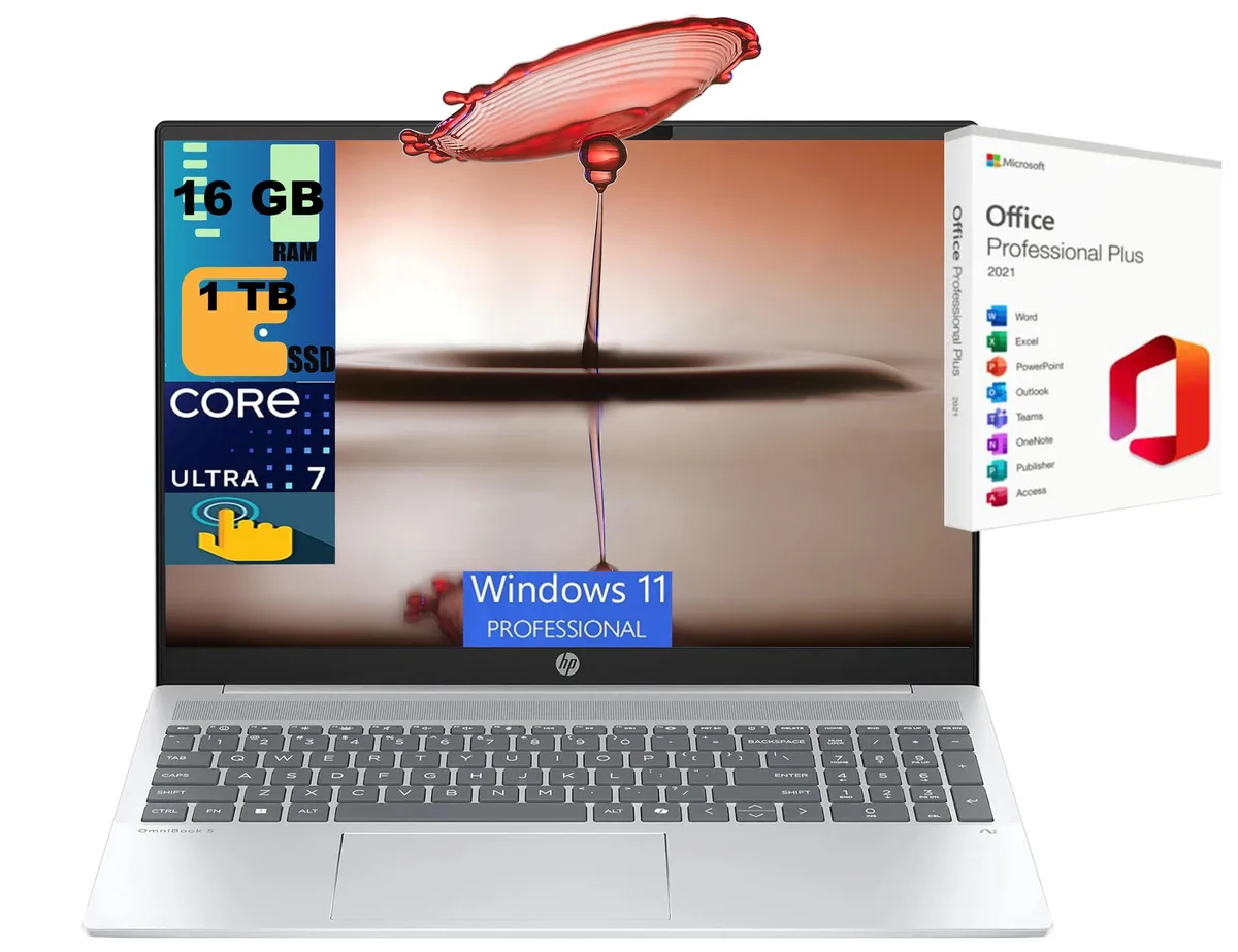 HP HP OmniBook 5 16 laptop, Ultra 7 255U, 16GB DDR4, 1TB PCIe SSD, 16" WUXGA touchscreen — photo du produit