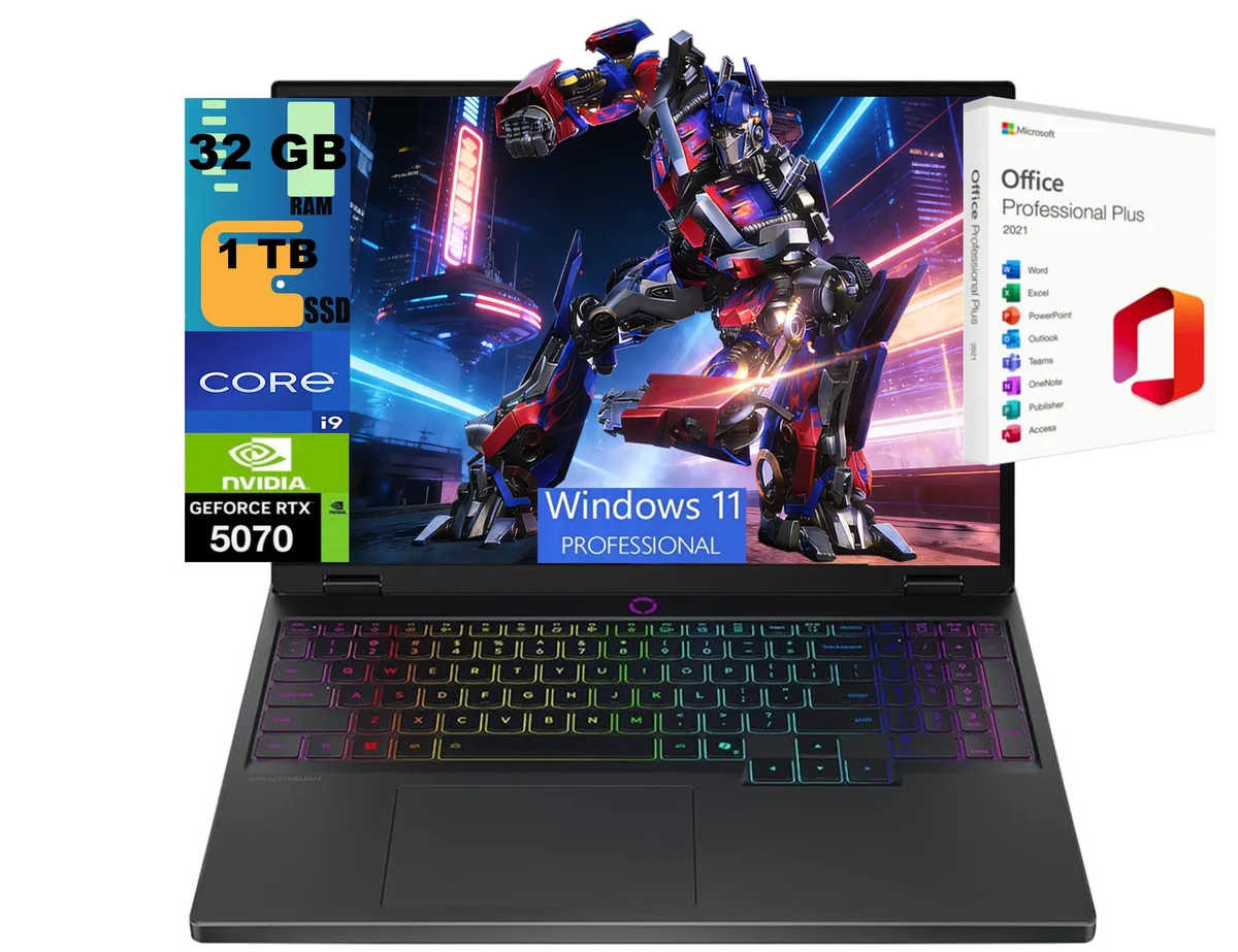 Black 15.1 inch gaming laptop with OLED display and backlit keyboard