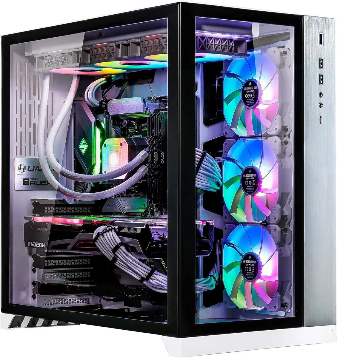 White mid-tower gaming desktop with RGB liquid cooling and glass side panel