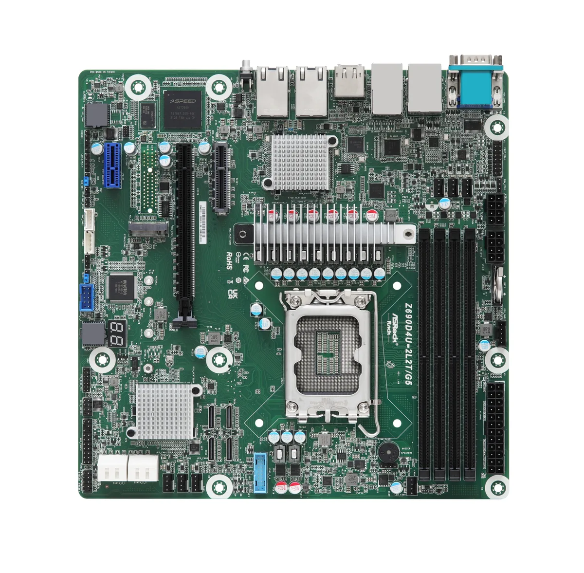 Green Micro-ATX server motherboard with dual 10GbE RJ45 ports, LGA 1700 socket and four DDR5 DIMM slots