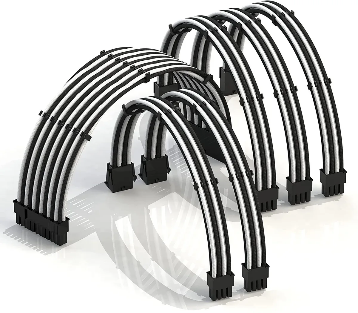 White and black braided PSU cable extension kit with 24-pin, two 8-pin CPU and three 8-pin GPU connectors, 30cm length
