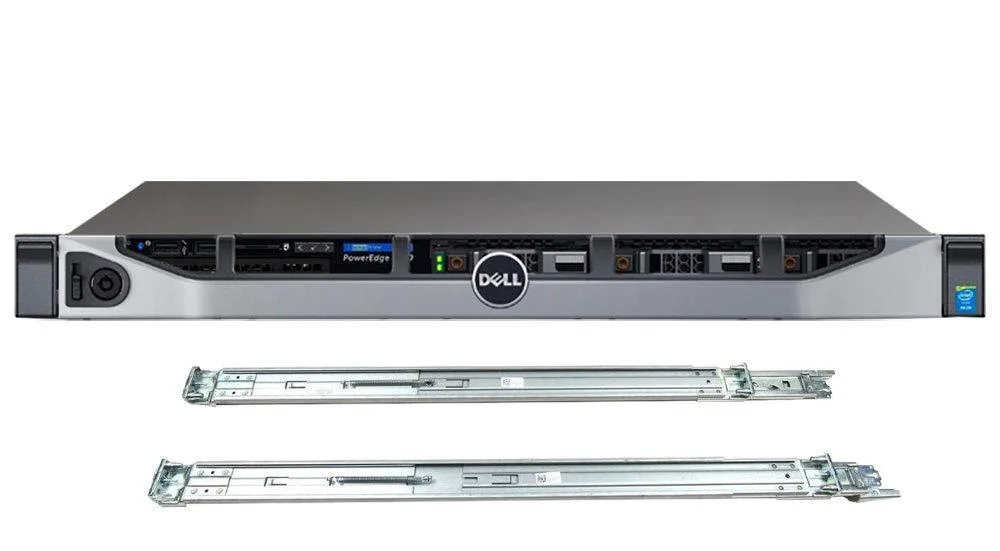 Dell PowerEdge R630 1U rack server matte black front panel with drive bays and rail kit