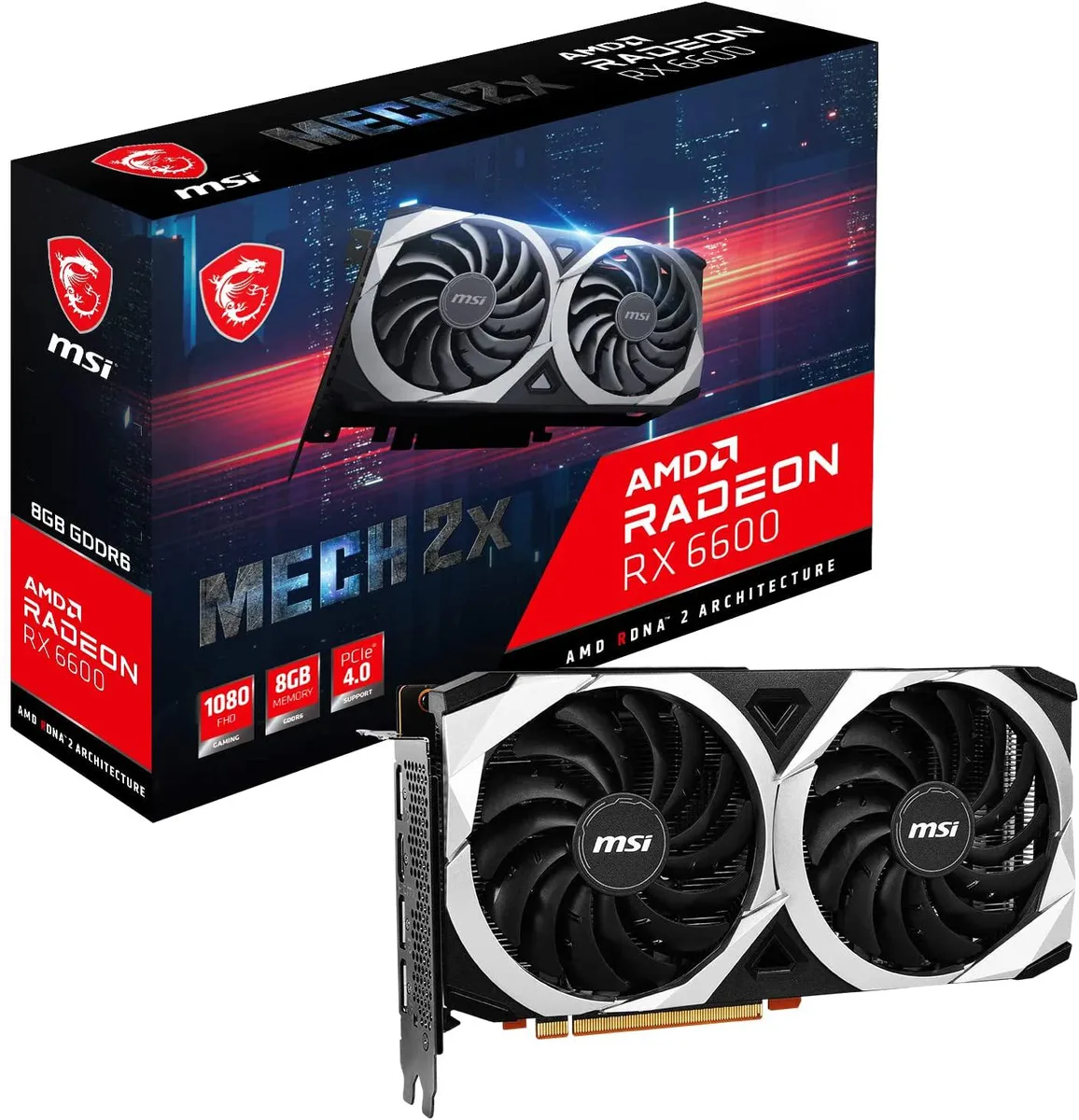 MSI Radeon RX 6600 graphics card with dual fans and brushed metal backplate