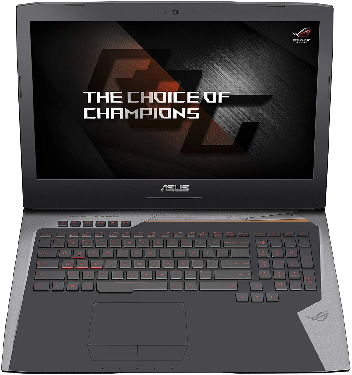 Grey 17.3 inch gaming laptop with red backlit keyboard and DVD drive