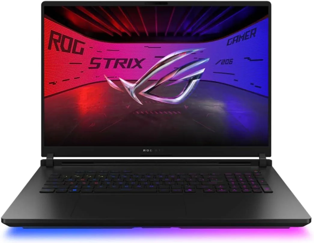Black 18-inch gaming laptop with per-key RGB keyboard, matte finish and ROG branding
