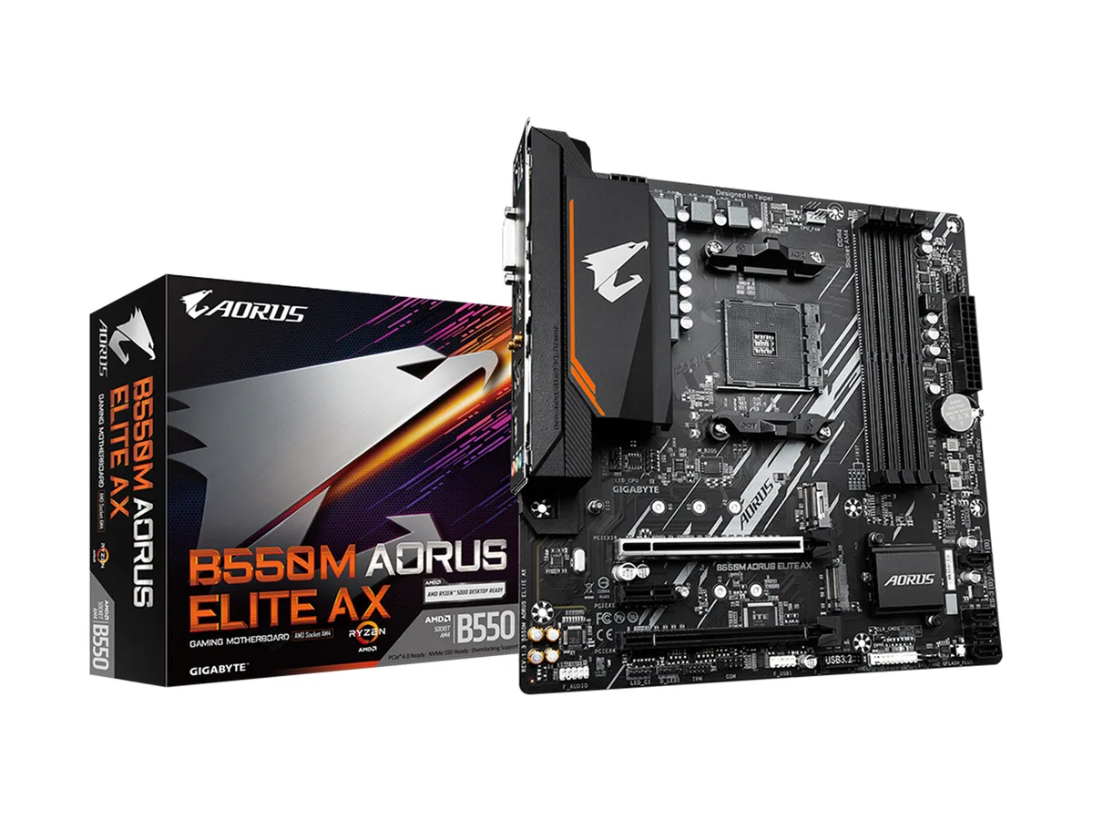 Micro-ATX motherboard in black with silver heatsinks and RGB lighting