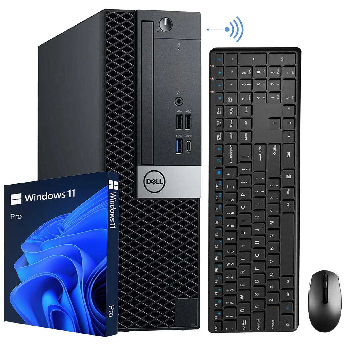 Black Dell OptiPlex 7060 SFF desktop tower with wireless keyboard and mouse