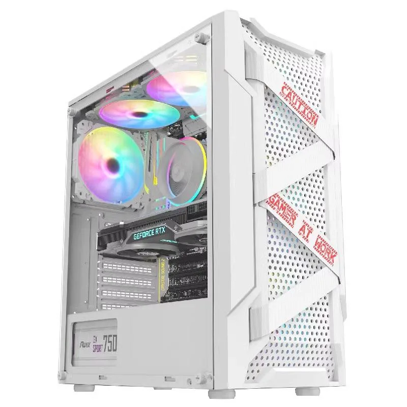White mid-tower PC case with acrylic side window and front I/O ports