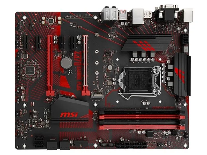 Black ATX motherboard with silver heatsinks and red accents
