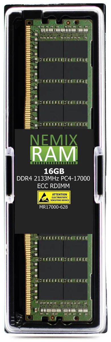 Green rectangular DDR4 RDIMM module with gold edge contacts and black chips on both sides