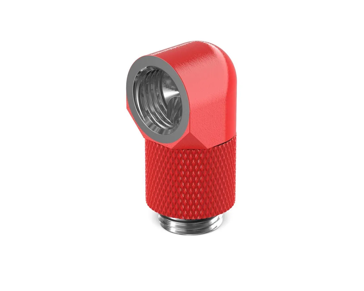 PrimoChill G1/4 90-degree rotary elbow fitting in Razor Red finish, 15mm extension, brass body