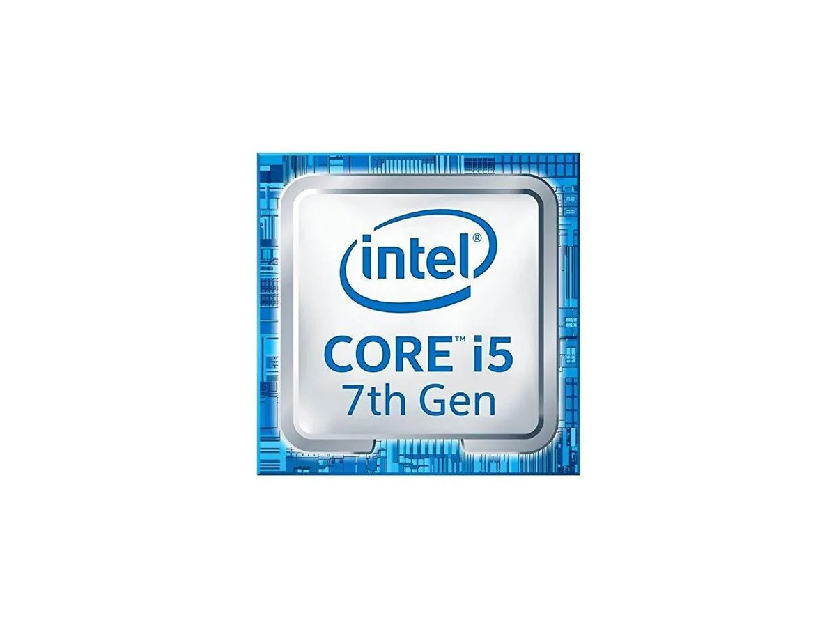 Square green circuit board with silver metal heat spreader labelled Intel Core i5-7400, gold contact pads on underside