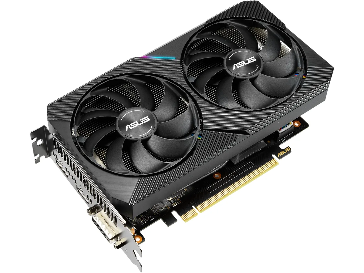 Black dual-fan graphics card with silver accents and metal backplate