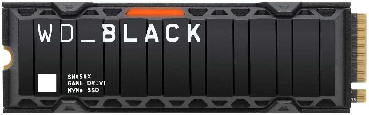 Black M.2 2280 NVMe SSD with integrated heatsink, 2TB capacity