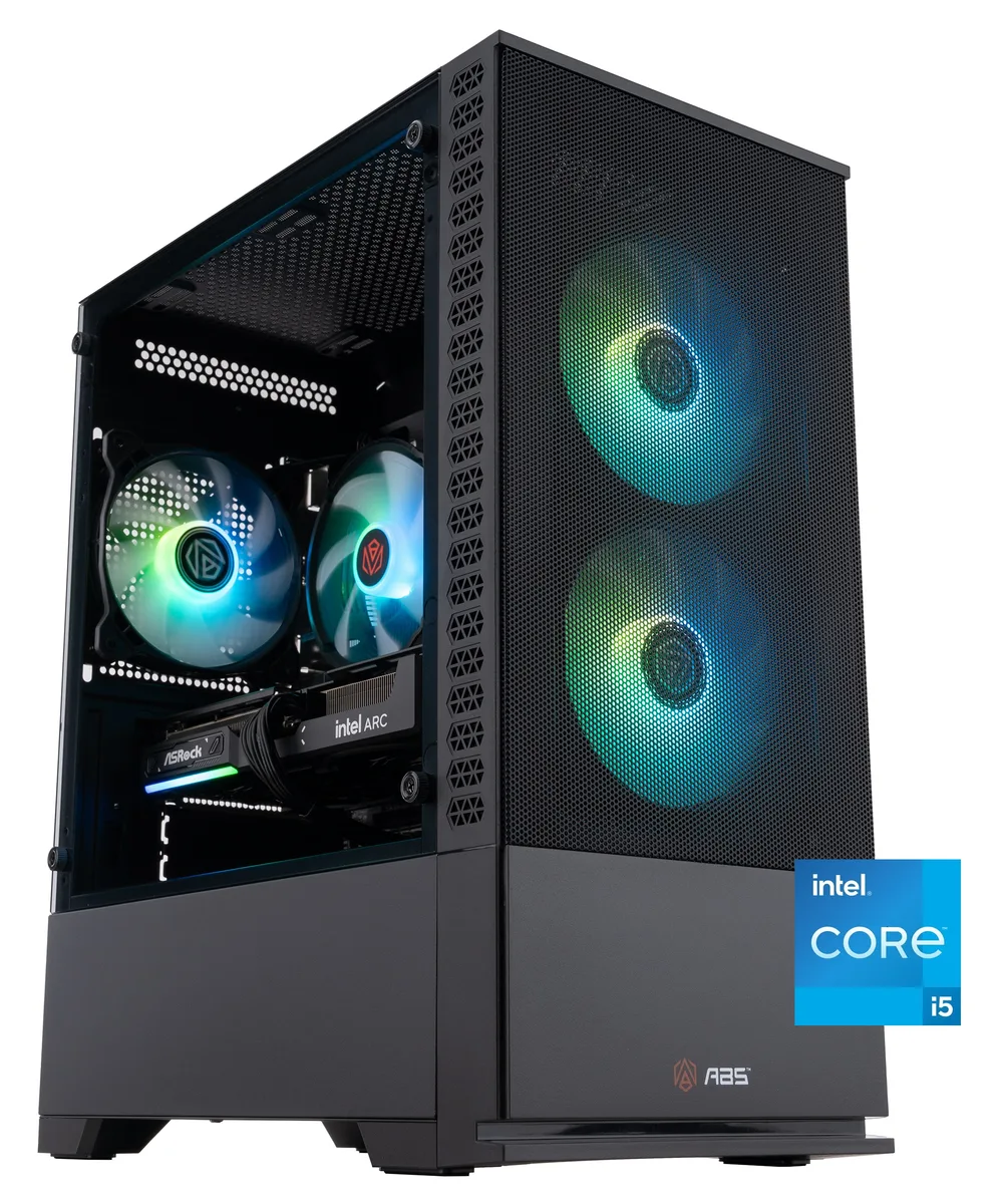 Black micro-tower gaming desktop with ARGB air cooler visible through side panel