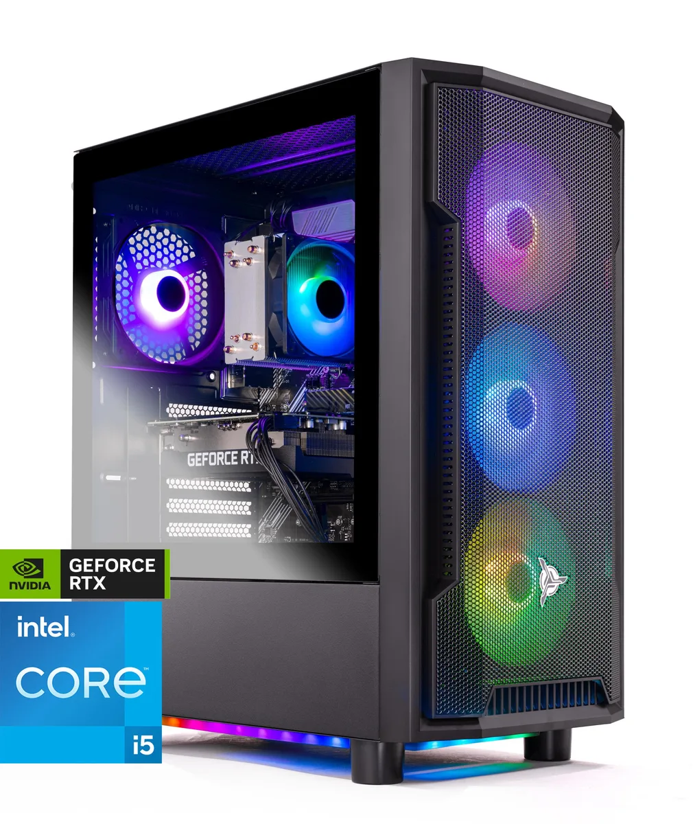 Black mid-tower gaming PC with tempered glass side panel and ARGB fans