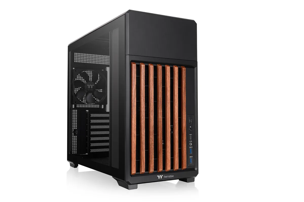 Black mid-tower case with vertical wood trim on front panel and tempered glass side panel