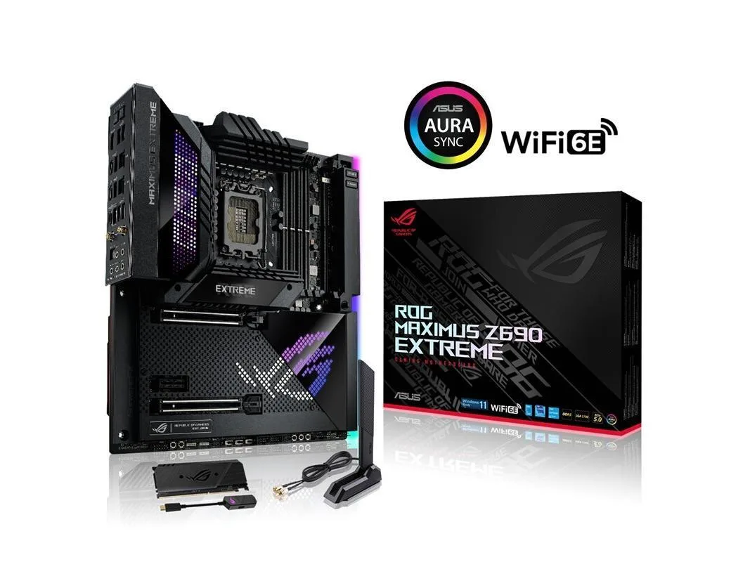 Black E-ATX motherboard with silver heatsinks and rear I/O shield
