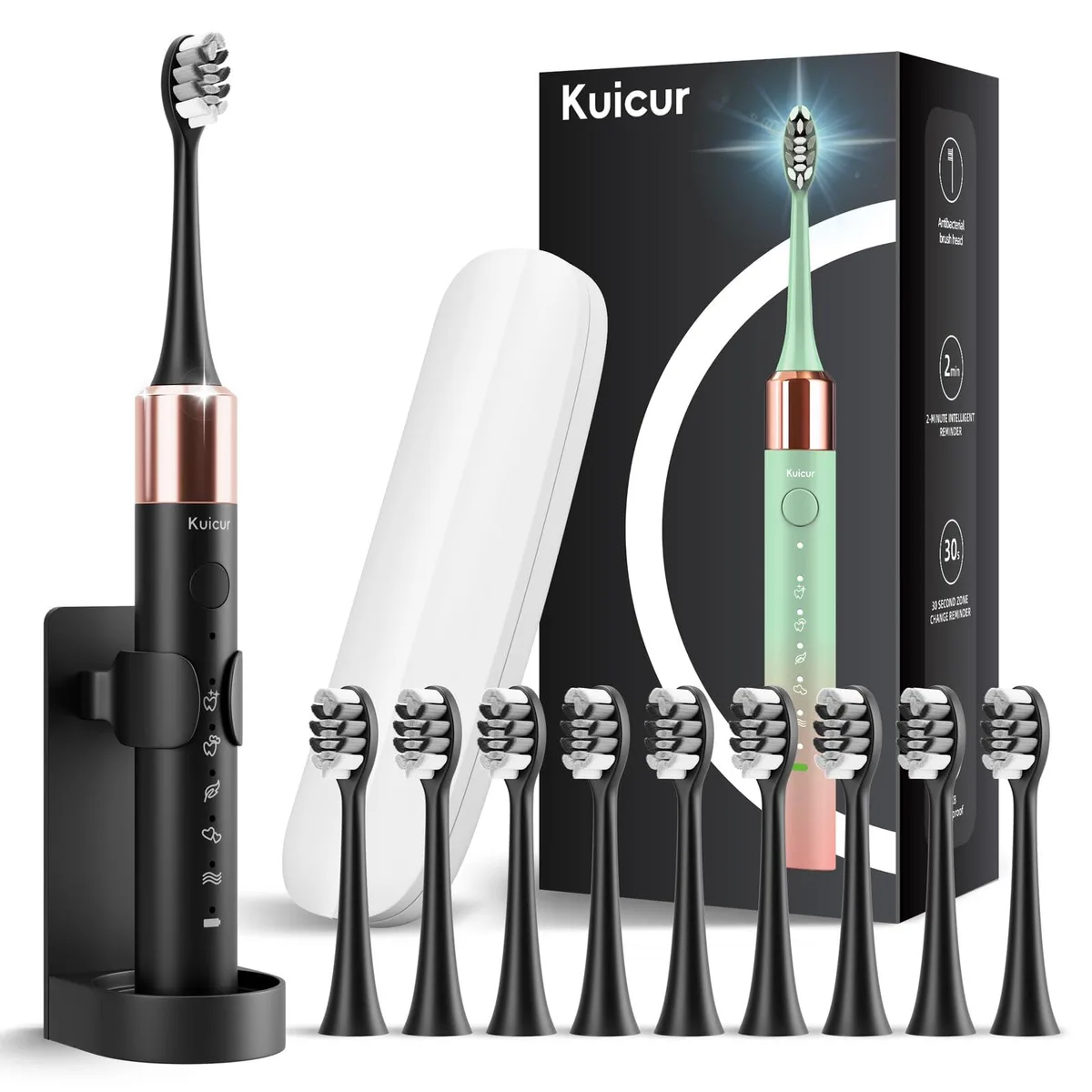  Waterpik Kuicur-Black Sonic Electric Toothbrush, 10 Heads, 5 Modes, 42000 VPM, Black — foto produk