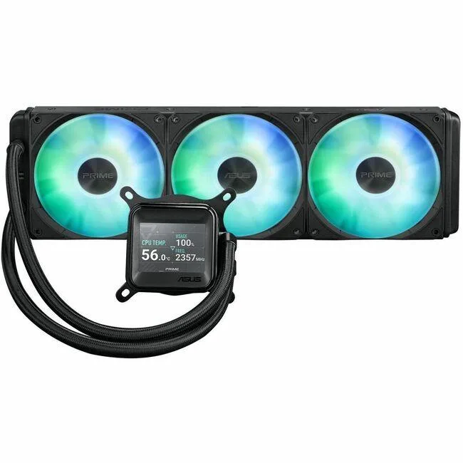 ASUS PRIME LC 360 ARGB LCD liquid cooler with three fans and square LCD pump block