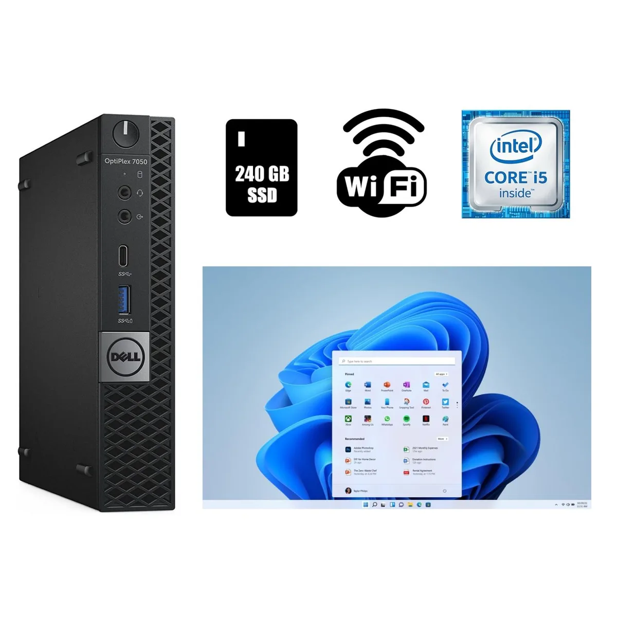 Small black Dell OptiPlex 7050 Micro desktop tower with power adapter and USB Wi-Fi adapter