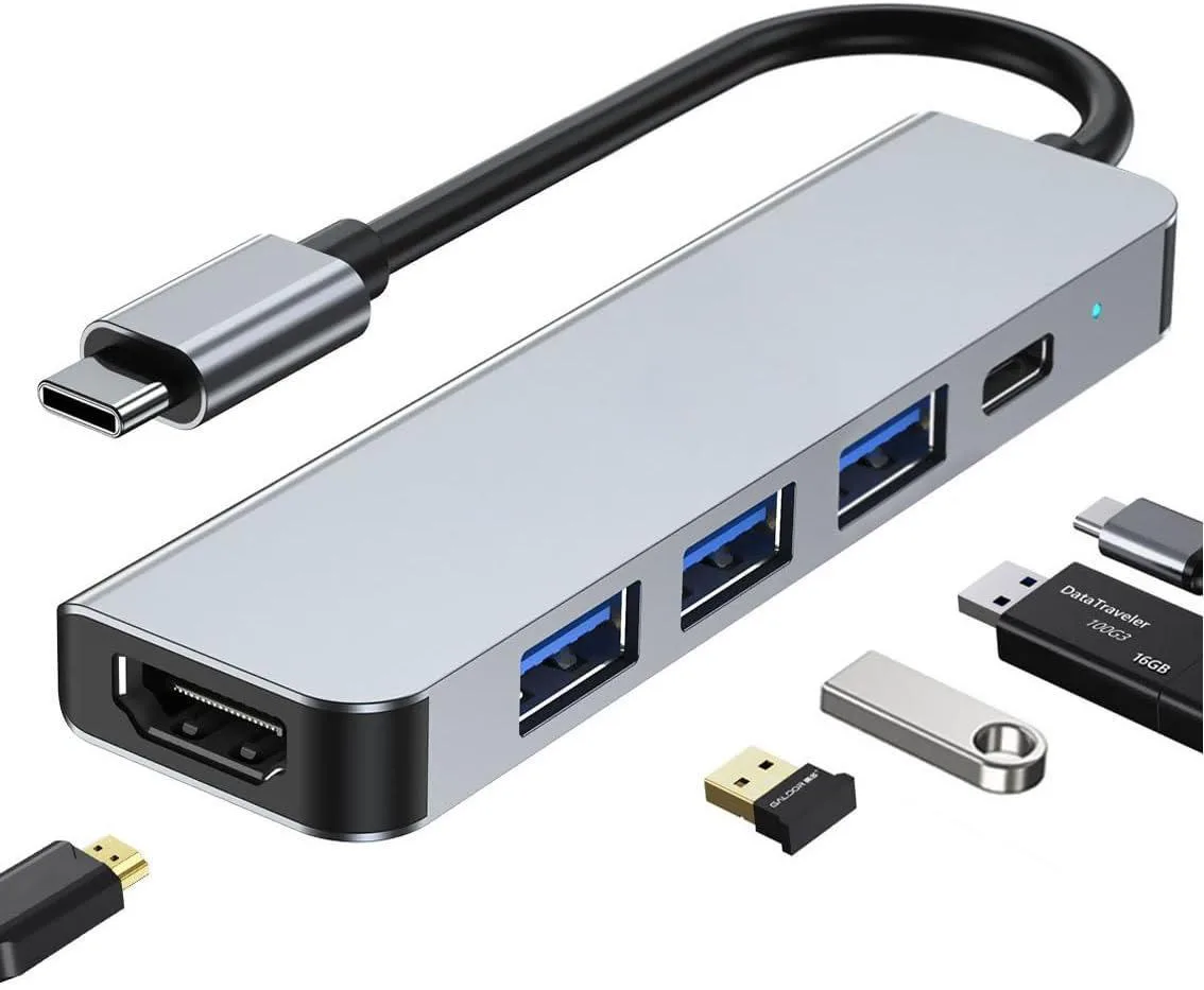 WRIARICH WRIARICH BYL-2008 5-in-1 USB C Hub 4K HDMI 100W PD 3 USB-A Gray — ภาพสินค้า