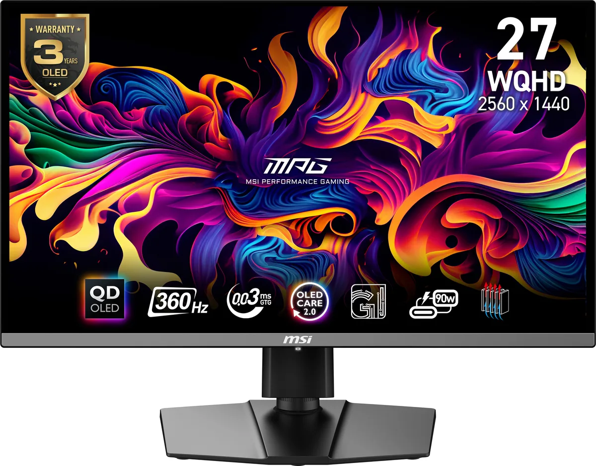 27 inch QD-OLED gaming monitor in metallic black with adjustable stand