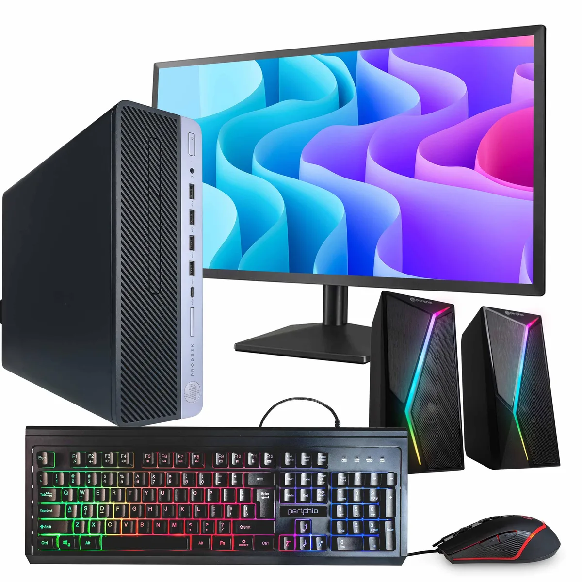 Black and silver HP ProDesk 600 G5 tower with 24 inch monitor, RGB speakers, keyboard and mouse