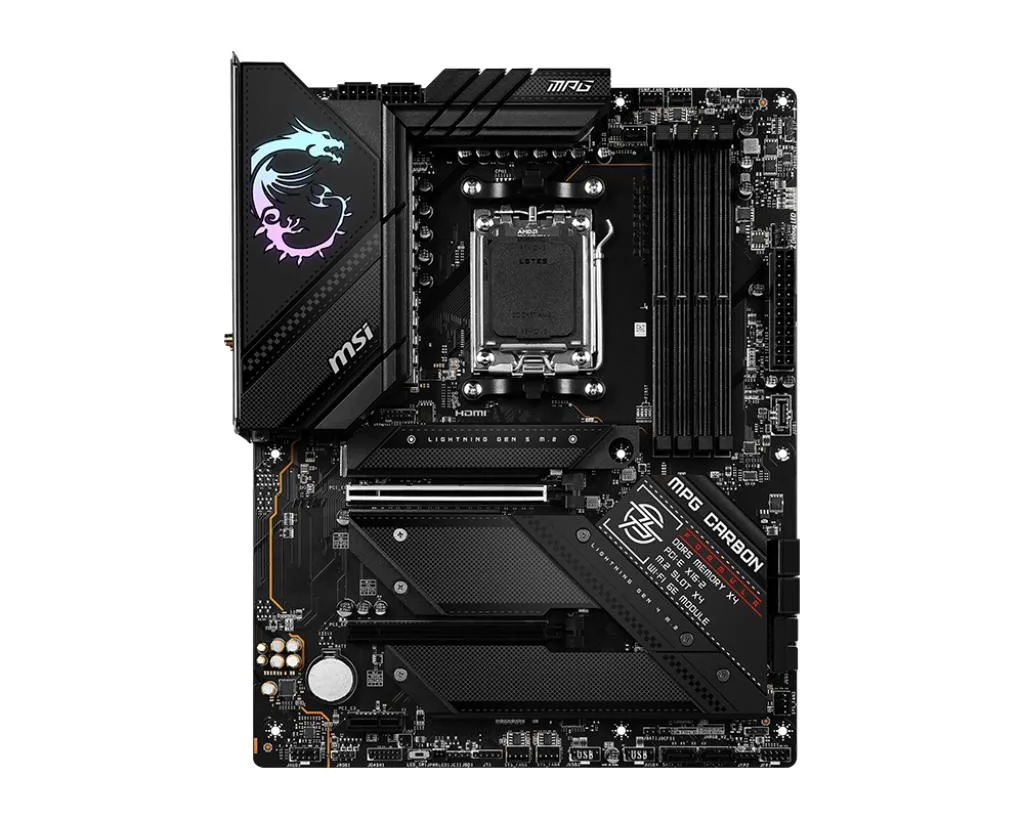 ATX motherboard with dark carbon-patterned finish and integrated I/O shield
