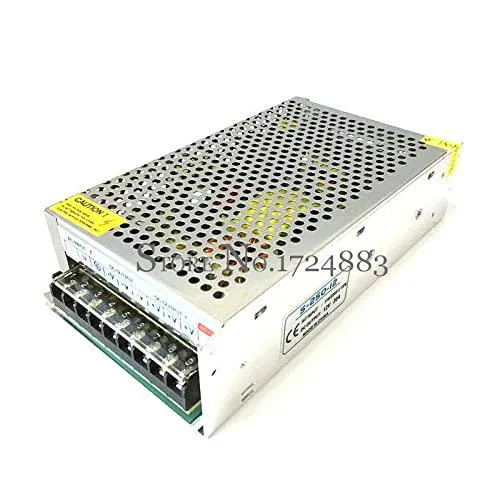 Rectangular metal power supply unit with ventilation slots and terminal connectors