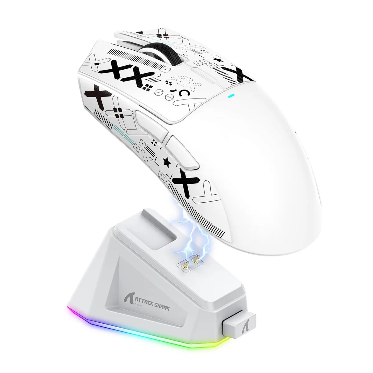White ultra-light wireless gaming mouse with magnetic RGB charging dock