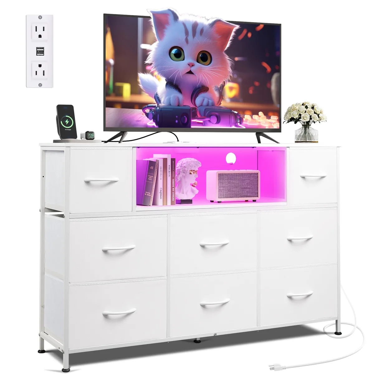  WLIVE ASNG114WXF 8-Drawer TV Stand with LED &amp; Power Outlet — 商品照片
