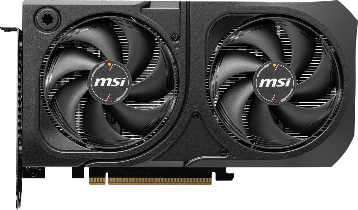 Black dual-fan graphics card with silver accents, compact two-slot design