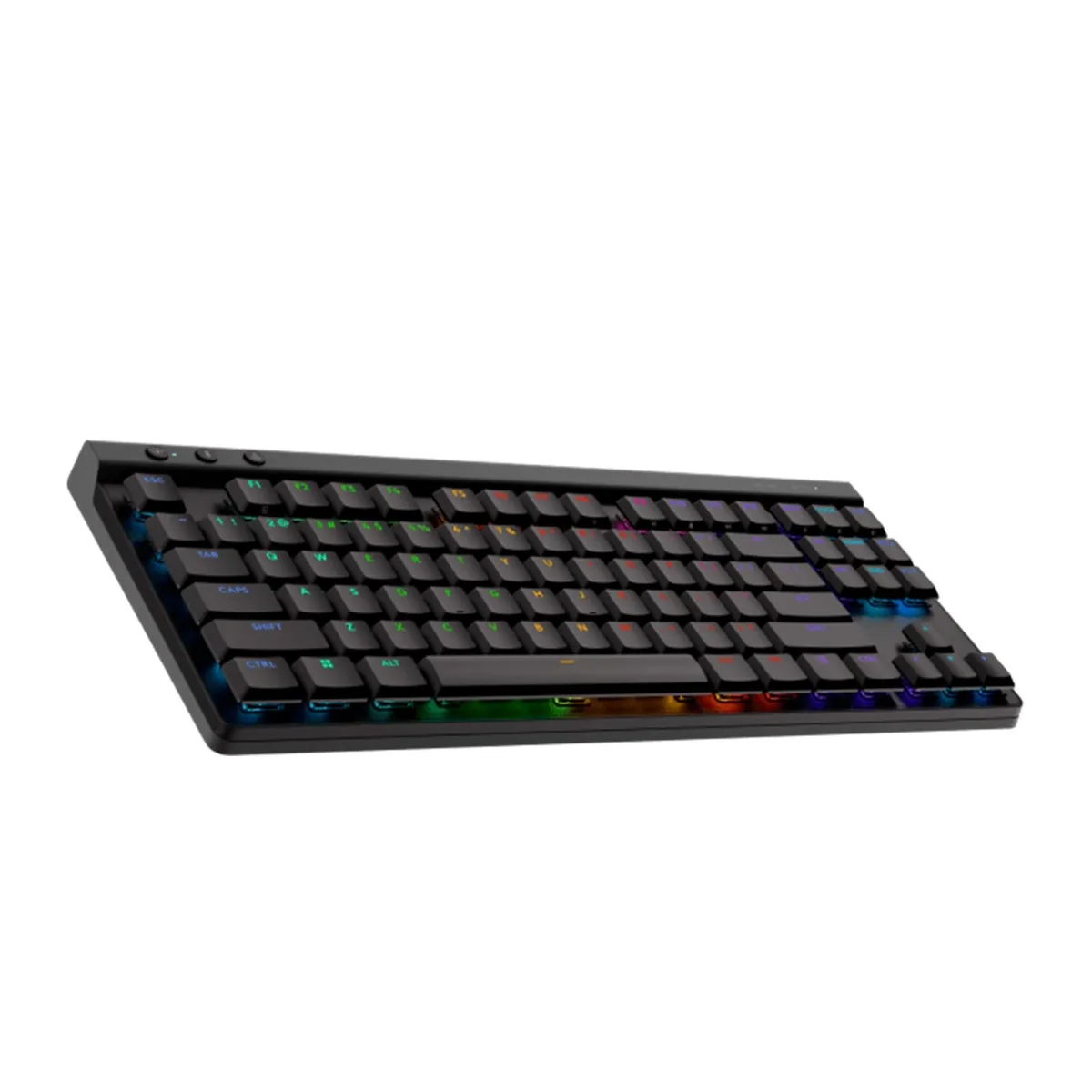 Thin black tenkeyless gaming keyboard with low-profile tactile switches and RGB lighting